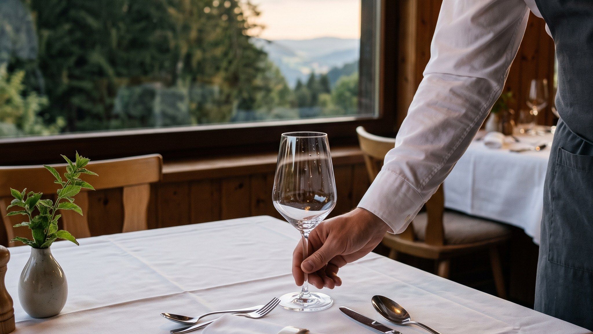 Eingedeckter Tisch im Restaurant „Florian'S“ mit Blick in den Hochschwarzwald
